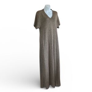 JOAN VASS maxi linen-blend dress, beige tan nubby, tweed, short sleeve. M